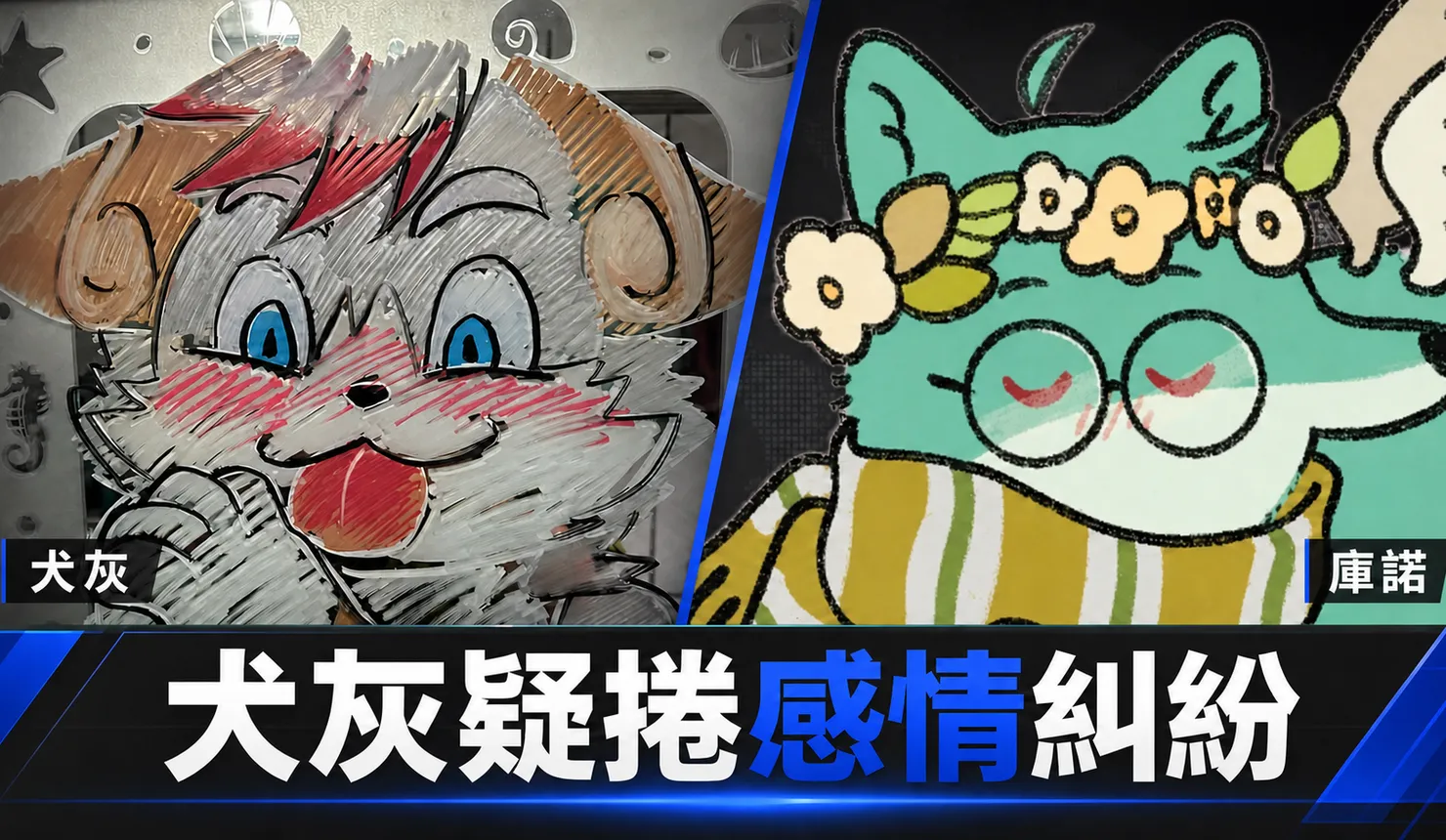 犬灰與庫諾的公開大頭貼分列左右,下方寫有犬灰疑捲感情糾紛